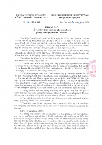 Công ty CP Cao su Sa Thầy thông báo  thực hiện các biện pháp cấp bách phòng, chống dịch Covid-19