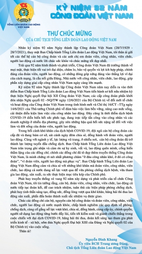 Thư chúc mừng của Chủ tịch TLĐ LĐVN